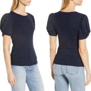 NEW Nordstrom 1.State Puff Sleeve‎ T-Shirt Navy Blue Size Large Crew Neck Top L